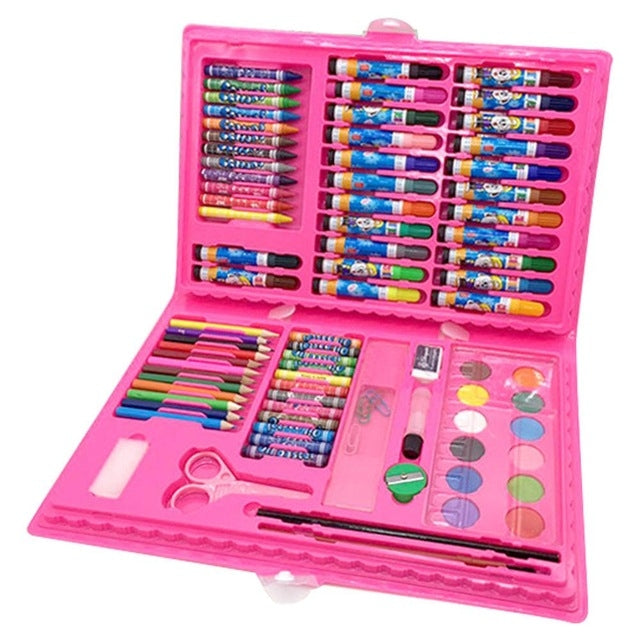 Children's art set case in pink with colored pencils, markers, brush, and paint palette