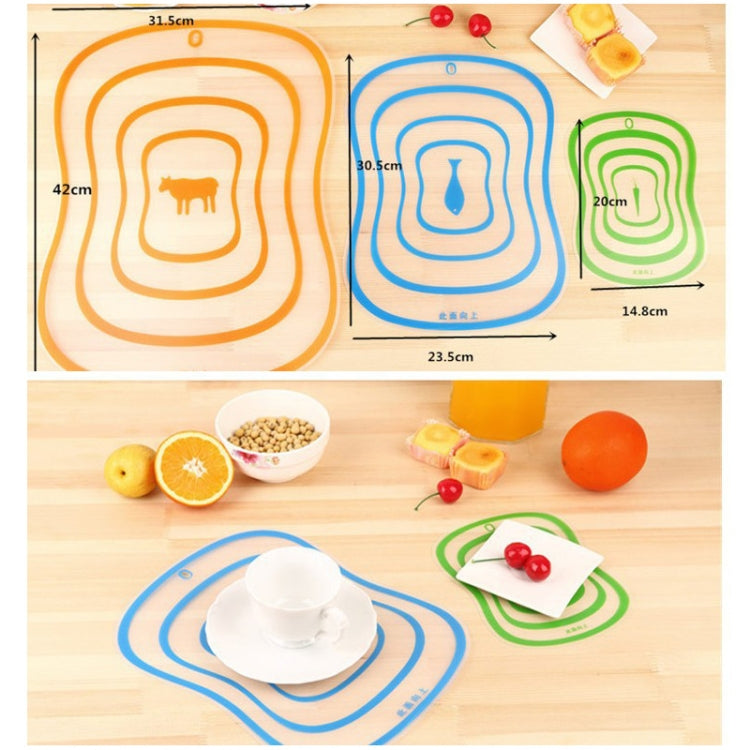 Flexible PP cutting board set, 6 pieces, orange, blue, green size guide markings