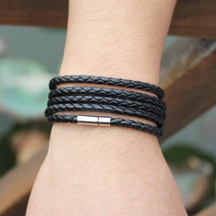 Black braided leather triple-wrap bracelet with silver-tone sliding clasp