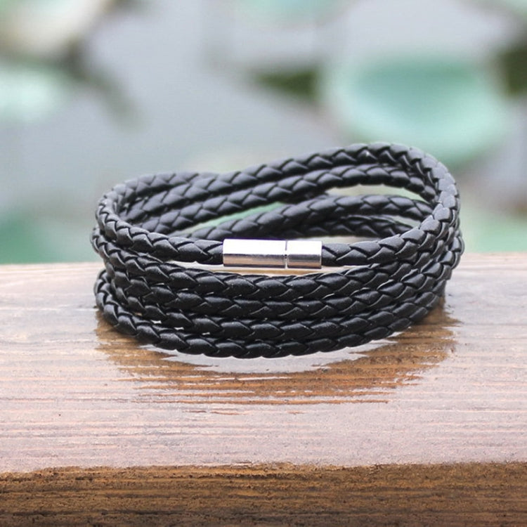 Black braided leather bracelet with silver-tone rectangular charm clasp