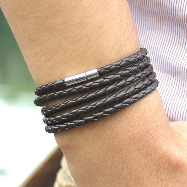 Dark brown braided leather wrap bracelet with silver-tone bar clasp