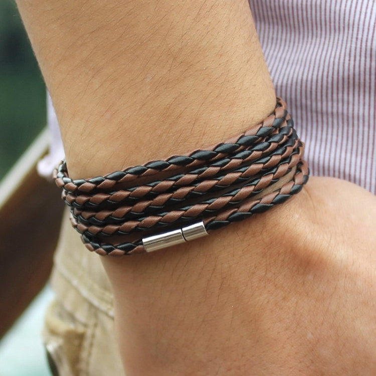 Black braided leather wrap bracelet with silver-tone bar charm clasp