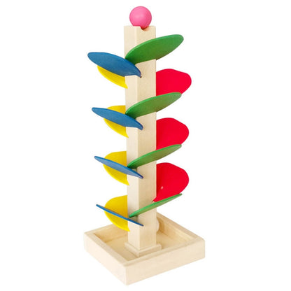 Wooden tree marble ball run track toy with colorful leaf ramps and pink ball