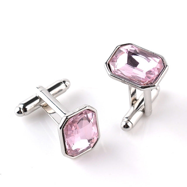 Silver-tone French cufflinks with light pink octagon zircon stones, hinged bar backs.