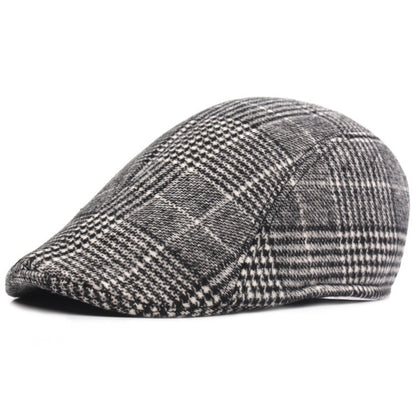 Gray flat cap with lattice and windowpane check pattern, curved crown