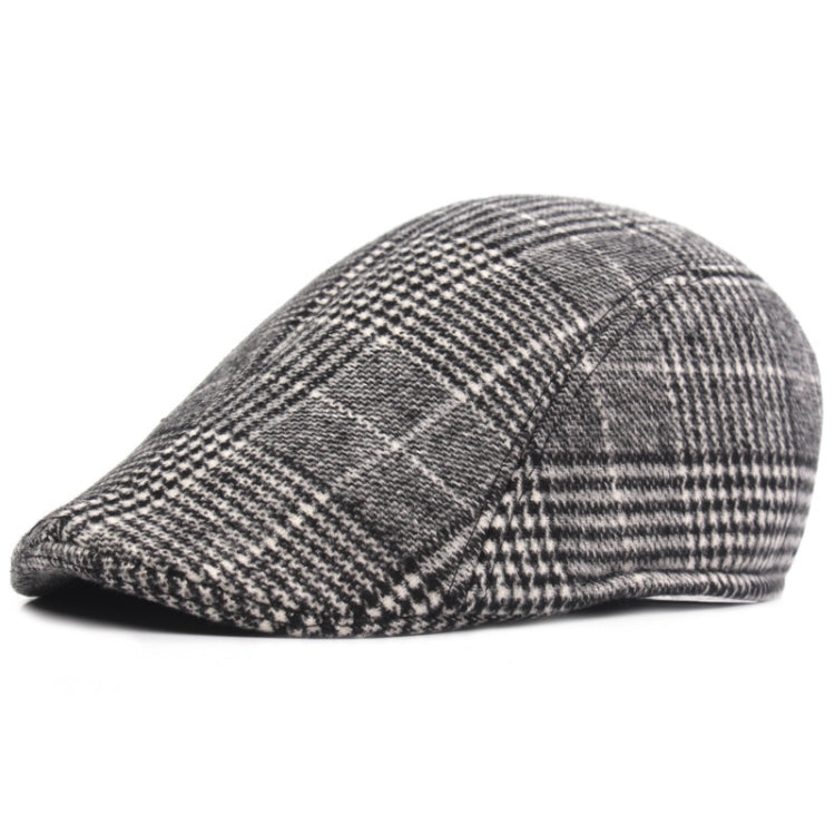Gray flat cap with woven lattice check design and curved brim edge