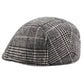 Gray flat cap with dense plaid checks and stitched seam at front center