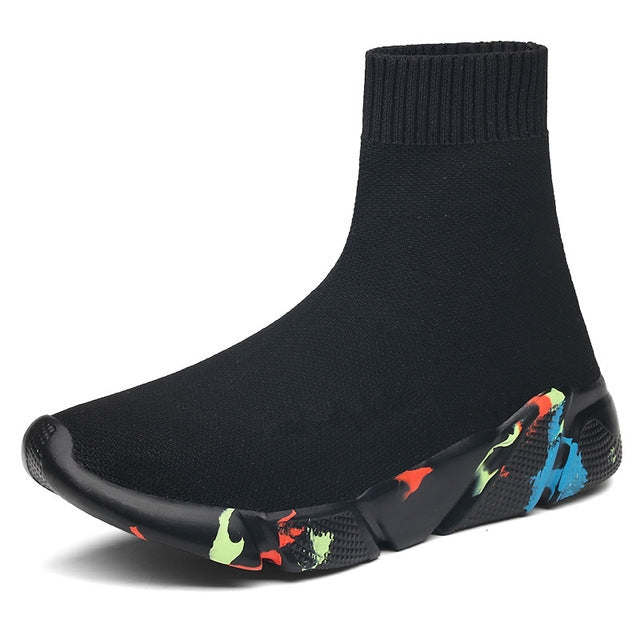 Black knit high-top sneaker boot with ribbed sock cuff and colorful side graphic