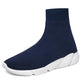 Navy knit high-top running sneaker with white midsole and flexible sock collar