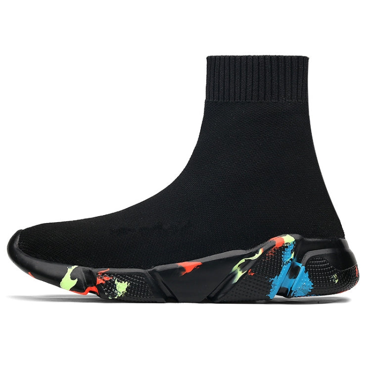 Black knit sock sneaker boot with colorful patterned sole and ribbed ankle cuff