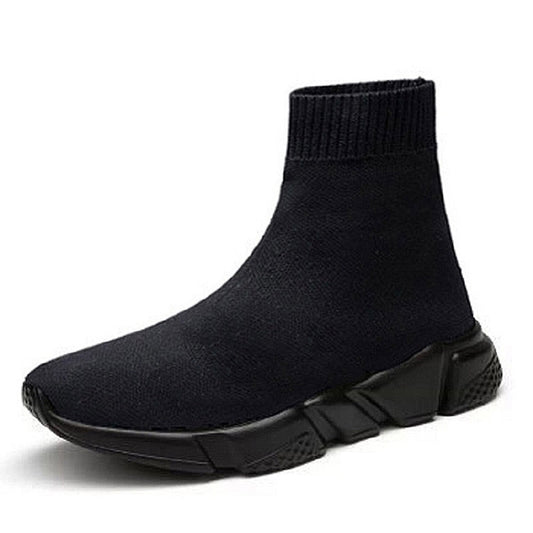 Black knit sock sneaker boot with a chunky black sole