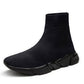 Black high-top knit sock sneaker boot with chunky dark sole