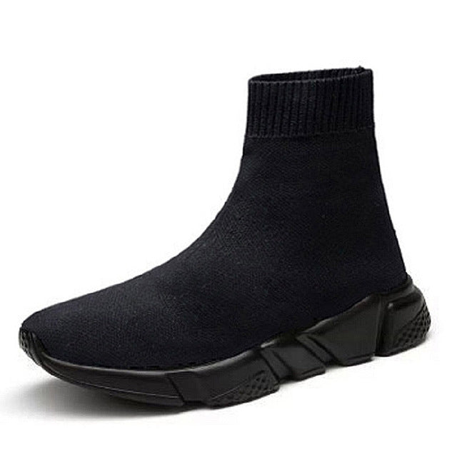 Black high-top knit sock sneaker boot with chunky dark sole