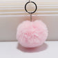 Pink faux rabbit fur pompon keychain with silver key ring and chain