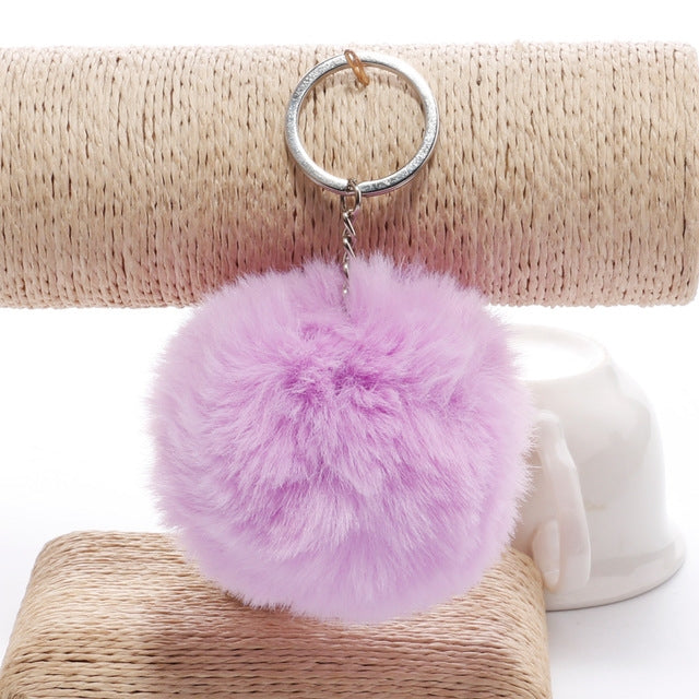 Lavender faux fur pompon keychain with metal key ring and dangling chain