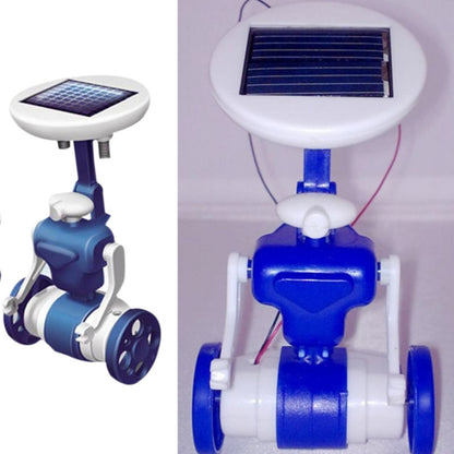 Blue and white solar robot toy with square solar panel and rotating wheels