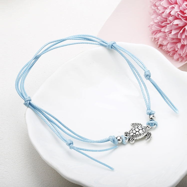 Light blue wax string anklet with sea turtle charm and silver-tone beads