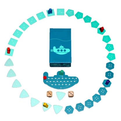 Children’s deep sea adventure board game components: sea hex tiles, wedges, and submarine pieces