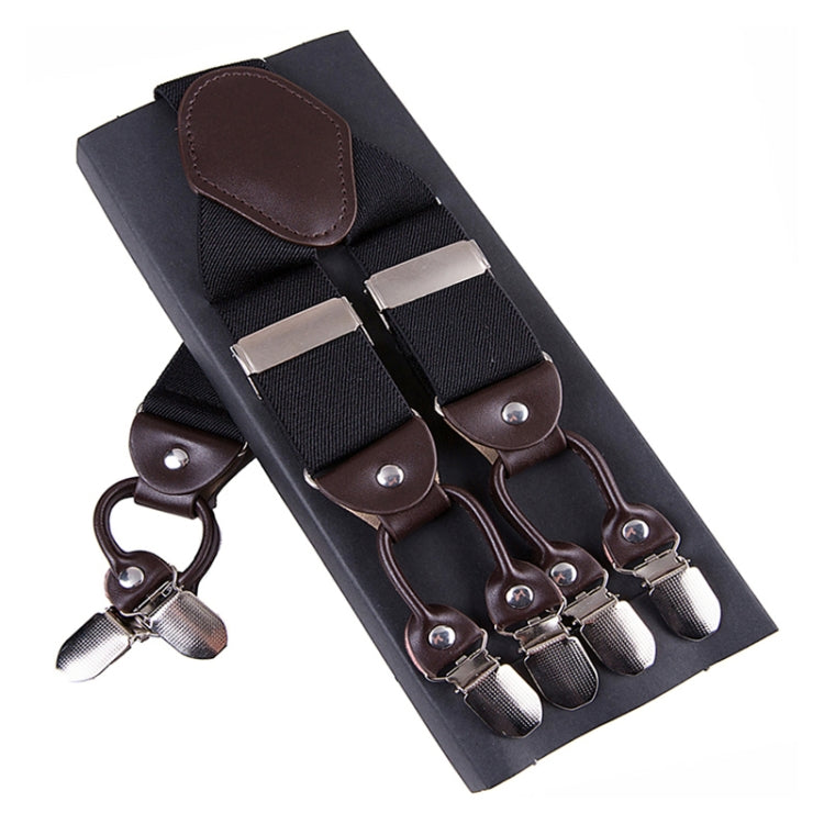 Adjustable trouser strap clip set with black straps, brown leather-look pads, and four clips