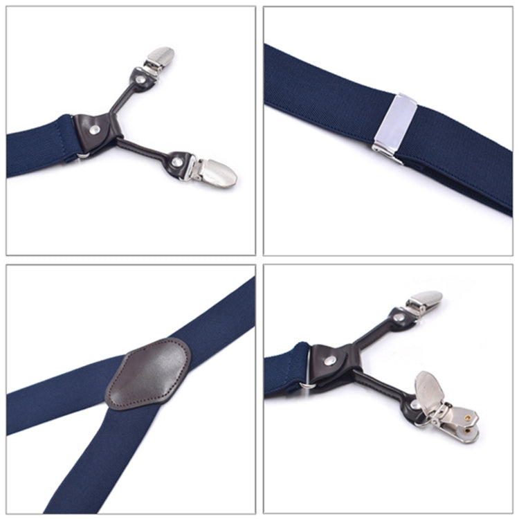 Adjustable trouser strap with navy fabric and metal clamp clips, showing attachment details