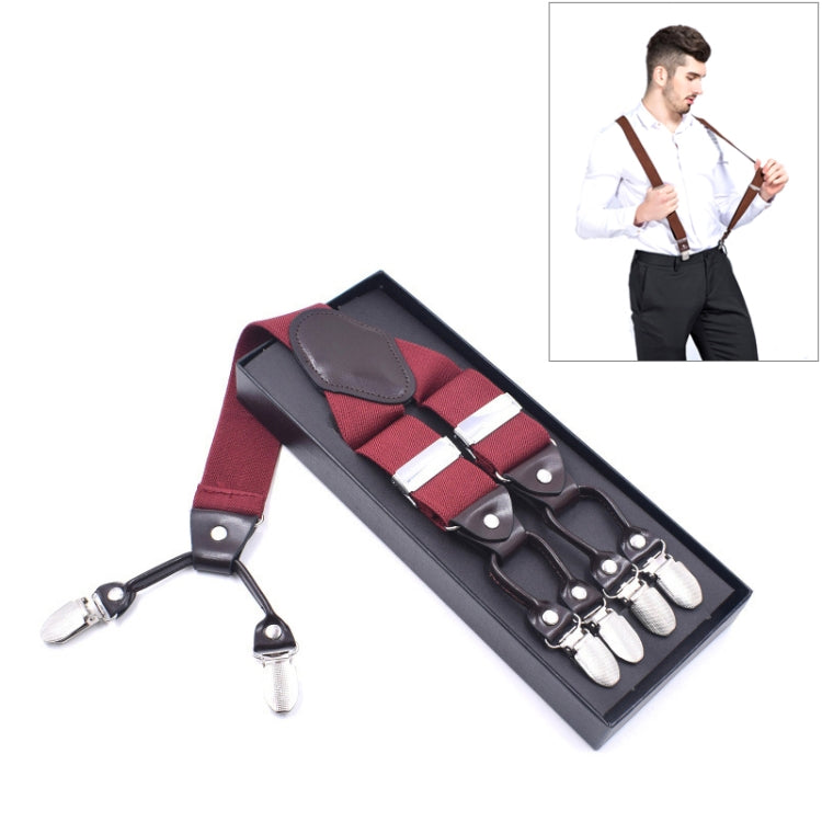 Adjustable trouser strap clip set with burgundy webbing and four metal clamp clips