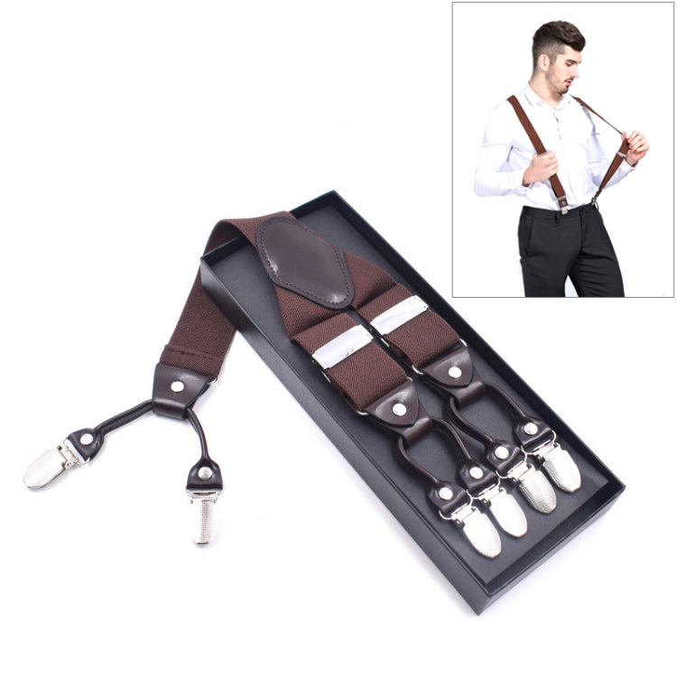 Adjustable trouser strap clip set with brown webbing and four metal clamp clips