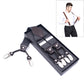 Adjustable trouser strap clip set with dark grey webbing and four metal clamp clips