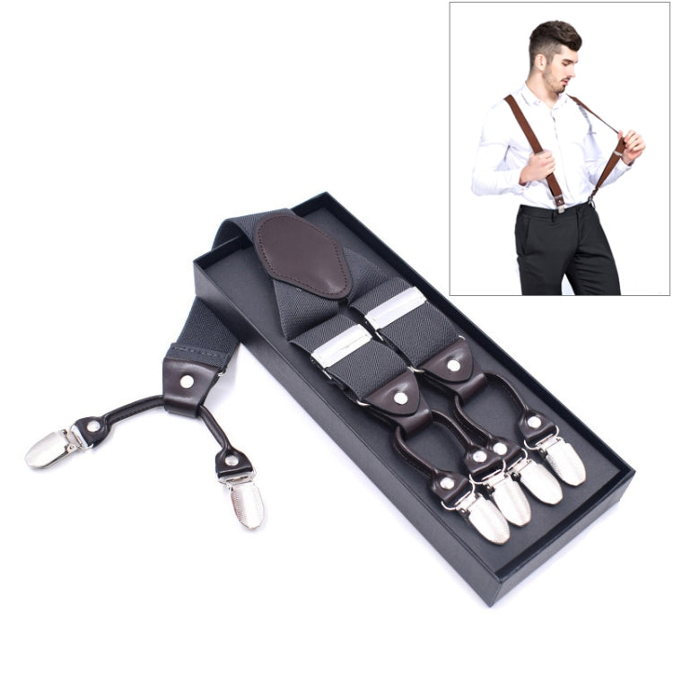 Adjustable trouser strap clip set with dark grey webbing and four metal clamp clips
