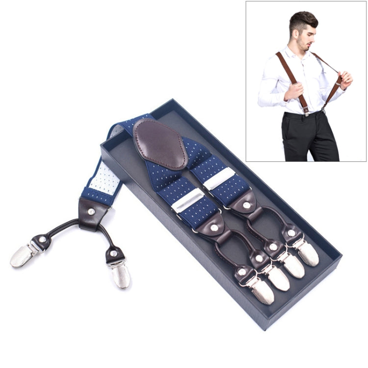 Adjustable 6-clips trouser strap set, dark blue fabric with brown leather holders