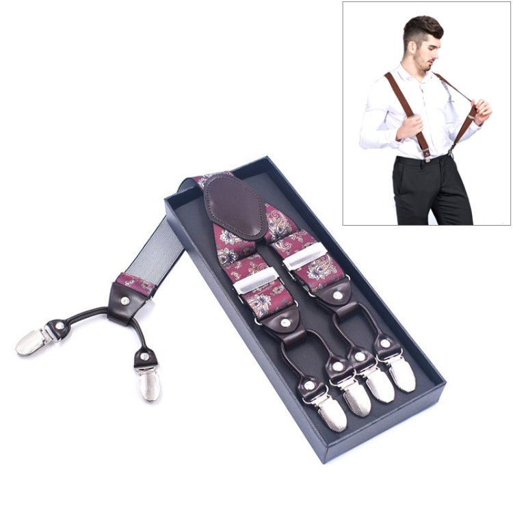 Adjustable 6-clips trouser strap set, patterned purple straps with metal clips