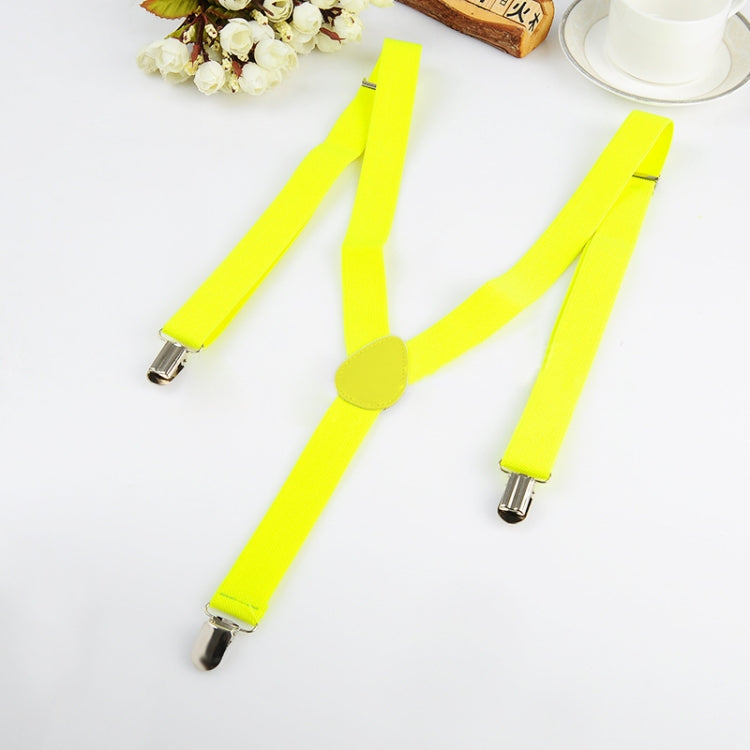 Bright neon yellow suspenders with round center connector and silver metal clips