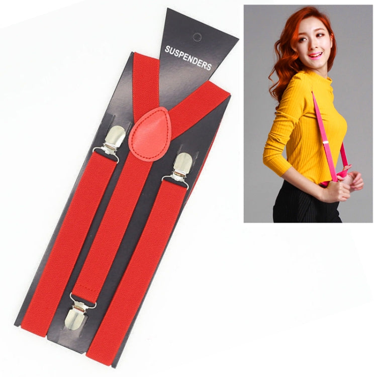 Red adjustable suspenders with round center patch and silver metal end clips