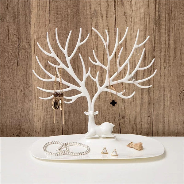 White antler-shaped jewelry and ring display organizer with necklace hooks on base