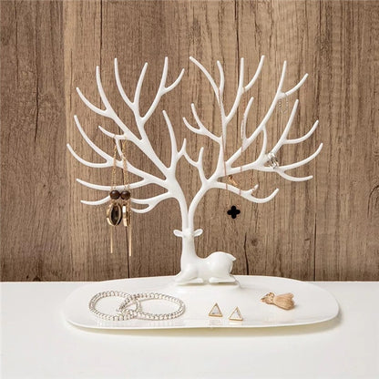 White antler-shaped jewelry and ring display organizer with necklace hooks on base
