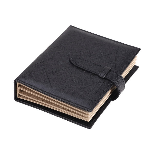 Black PU leather jewelry storage box organizer close view with curved flap handle