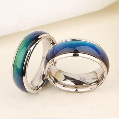 Color-changing mood ring set, silver-tone bands with blue and green gradient inlays