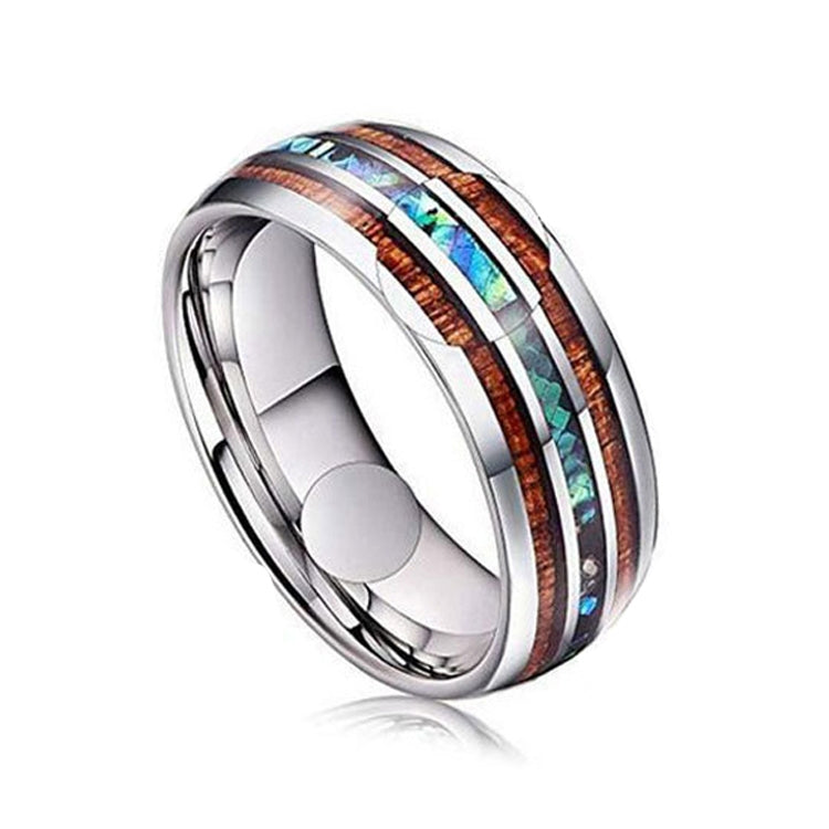 Metal tungsten-style ring with multicolor inlay stripes and polished silver edges