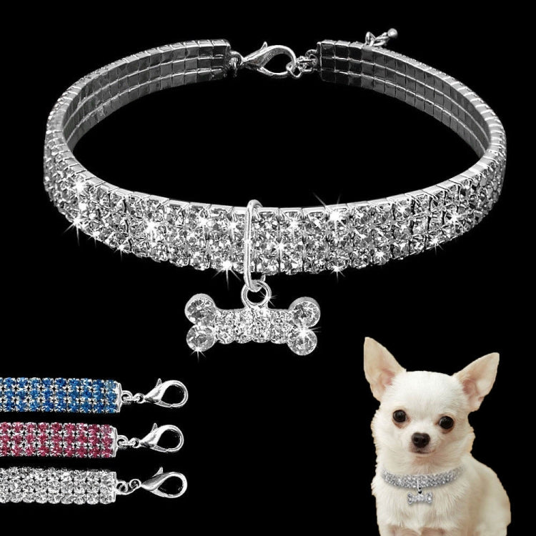 Crystal rhinestone dog collar set with bone charms, shown with a small dog wearing a collar
