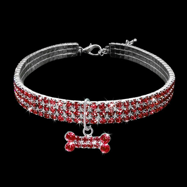 Red rhinestone pet dog collar with silver clasp and hanging rhinestone dog bone charm