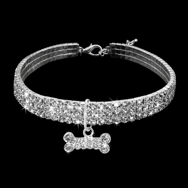 Silver rhinestone dog collar with adjustable clasp and dangling crystal bone charm