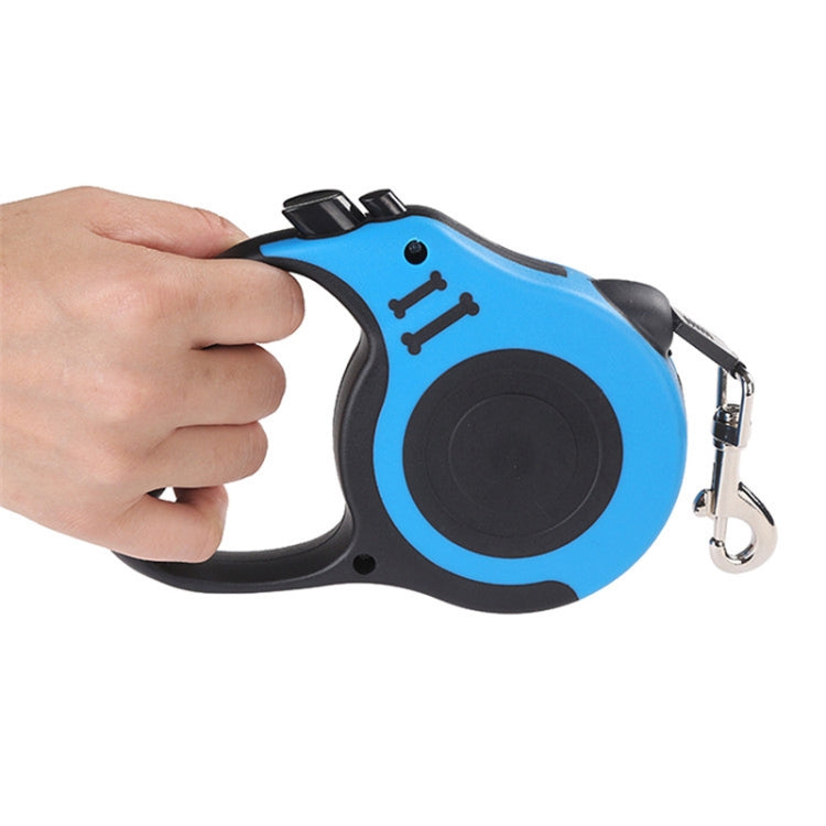 Retractable dog leash in blue with black handle and metal snap hook