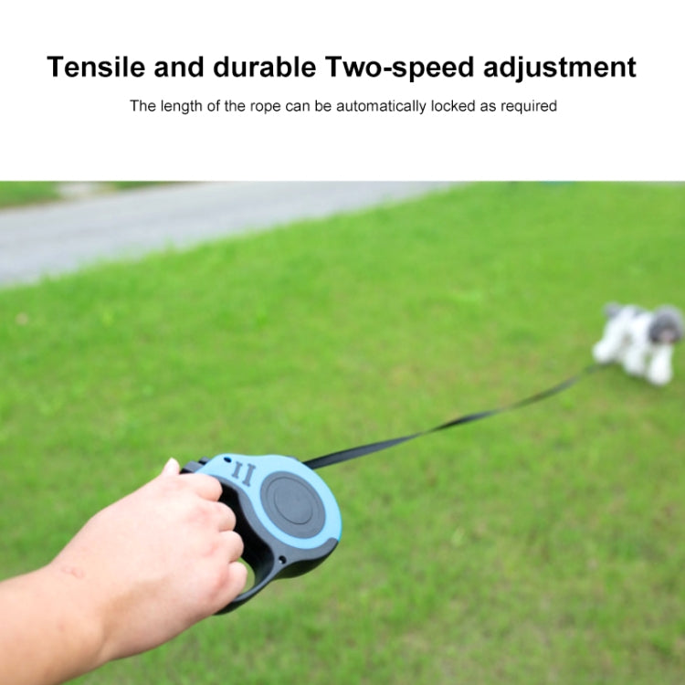 Retractable dog leash with blue housing, hand holding the grip over a lawn