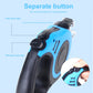 Blue retractable dog leash handle with two control buttons and metal snap hook