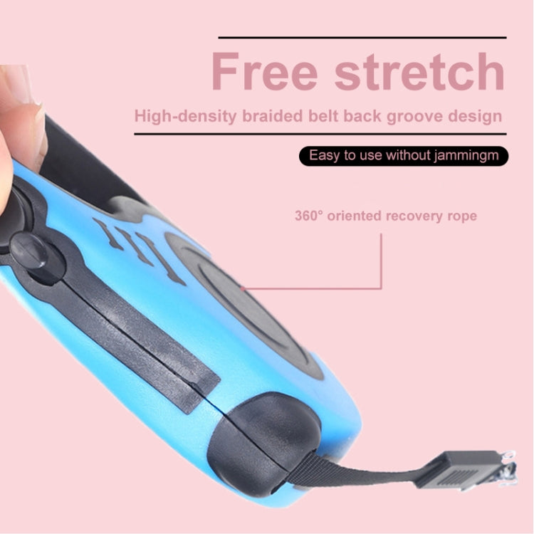 Retractable dog leash with blue belt strap and black end stopper detail