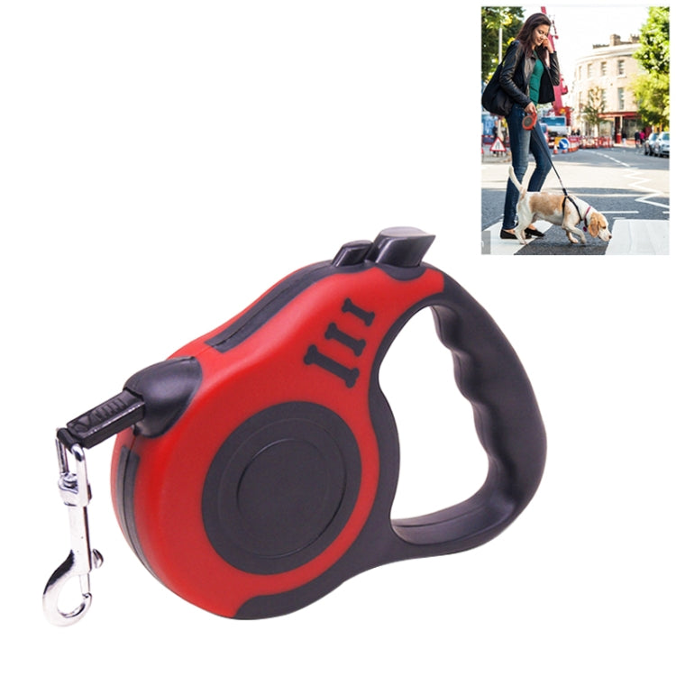 Retractable automatic dog leash with rope and metal hook, red shell side view
