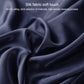 Navy silk-look fabric with smooth satin sheen, soft drape texture close-up