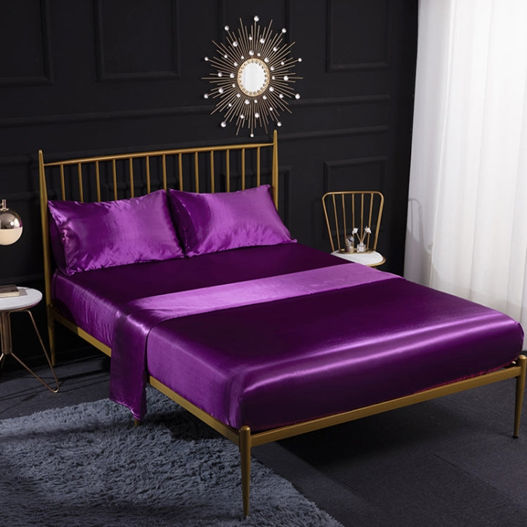 Purple satin-look sheet and pillowcase set with fitted and flat sheet