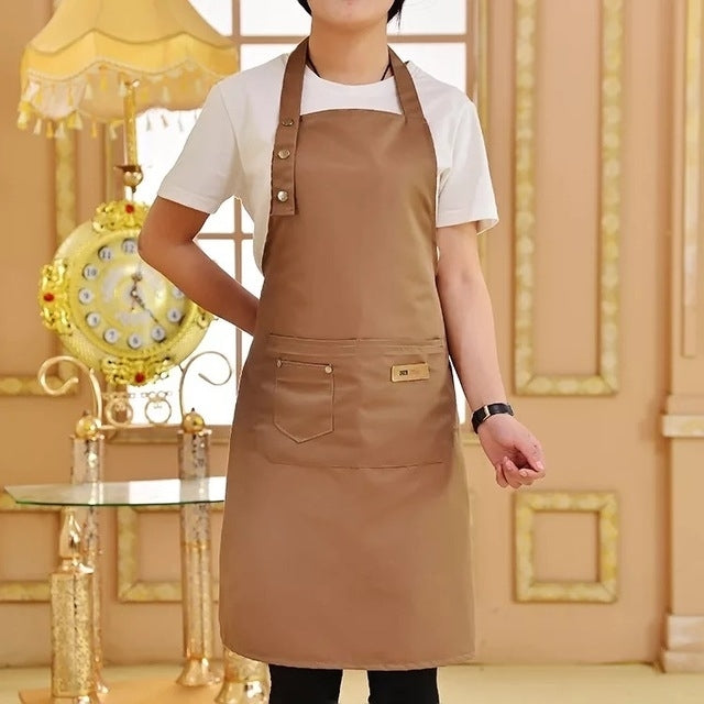 Brown kitchen apron with adjustable straps and front pocket pouch.