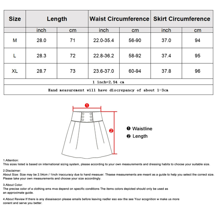 Skirt size chart showing length and waist circumference by size