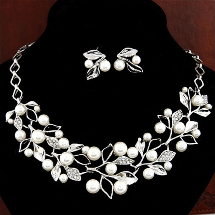 Silver leaf wedding jewelry set with faux pearls and rhinestone leaves, necklace and studs